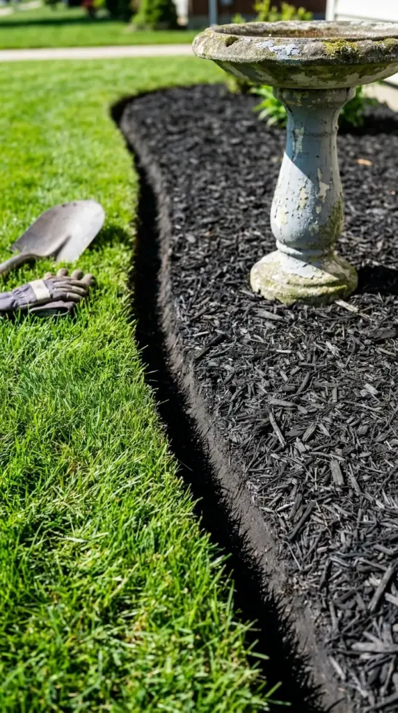 DIY English trench garden edging separating a green lawn from dark brown mulch with a birdbath focal point.