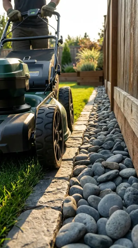 A lawnmower wheel safely rolling next to a protective rock border along a wooden fence line to prevent landscaping damage.