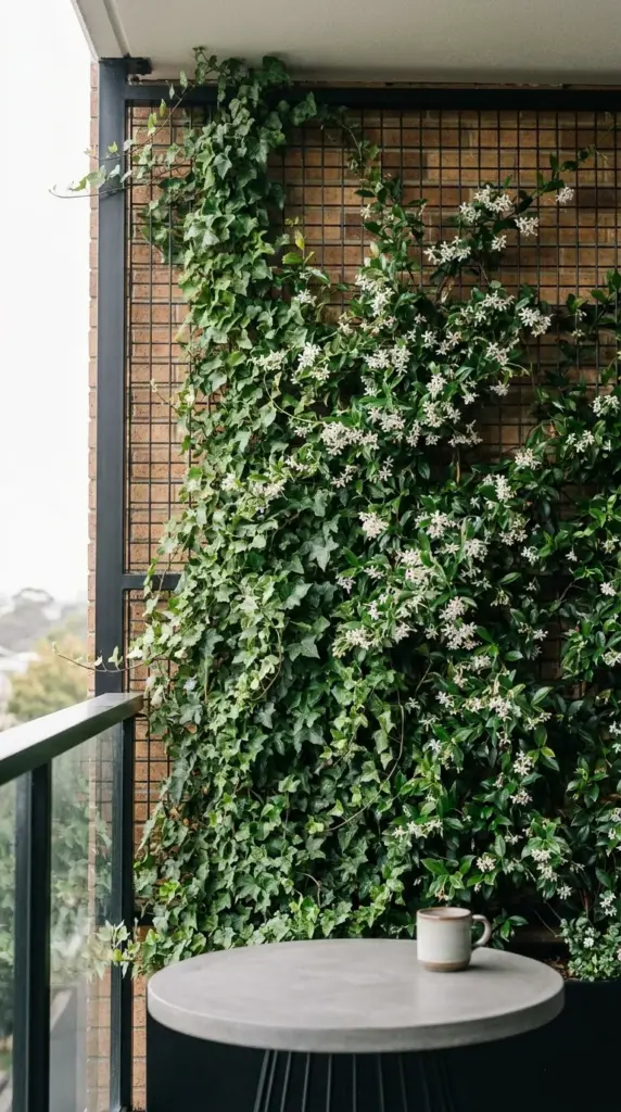 A vertical garden living wall on a small urban apartment balcony replacing outdoor wall decor.