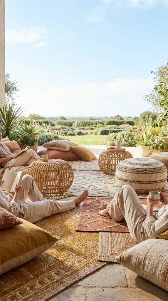A boho outdoor space using patio floor cushions and layered outdoor rugs to maximize an open sky design.