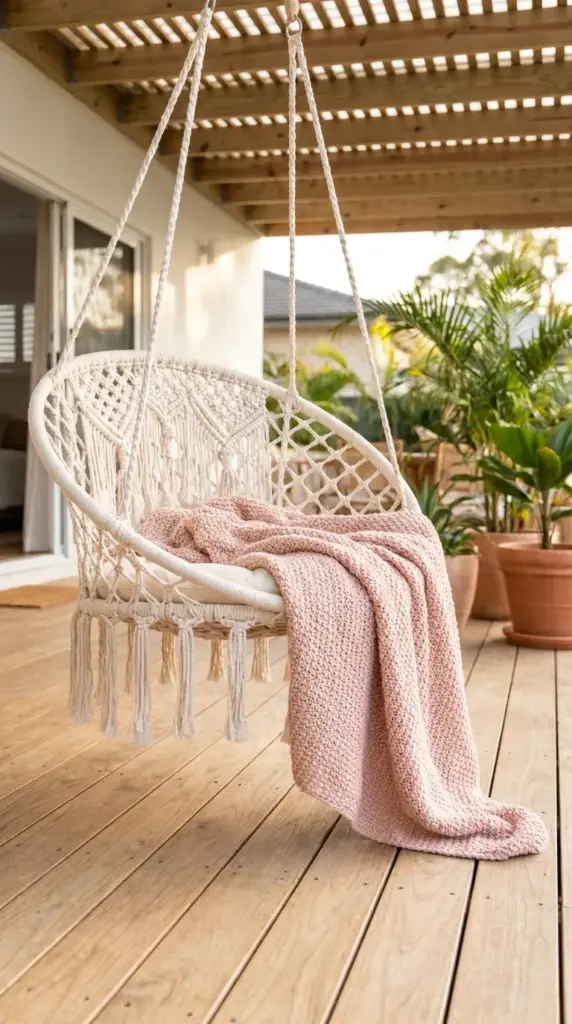 Floating macrame hammock chair saving floor space in a tiny outdoor layout.