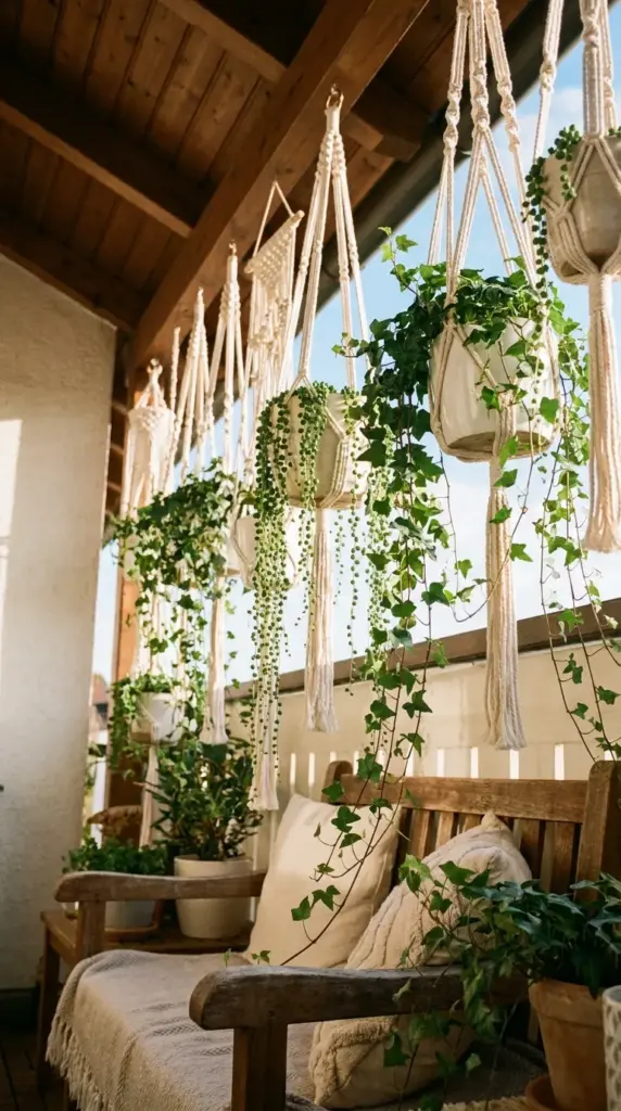 Macrame hanging planters filled with trailing vines creating a suspended botanical canopy on a balcony.