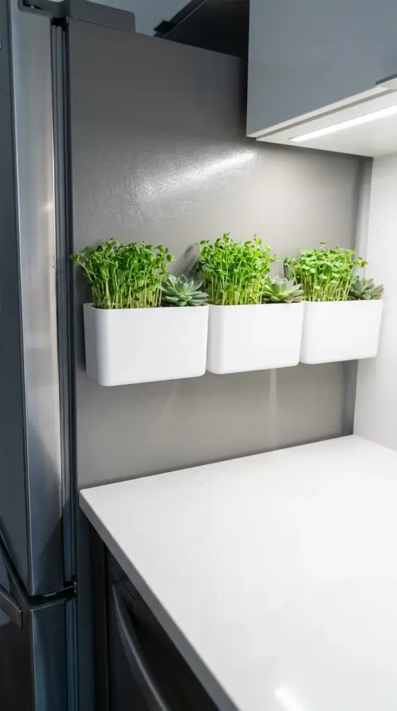 Minimalist magnetic planters attached to an apartment refrigerator door growing soil-free indoor micro-greens to save precious counter space.
