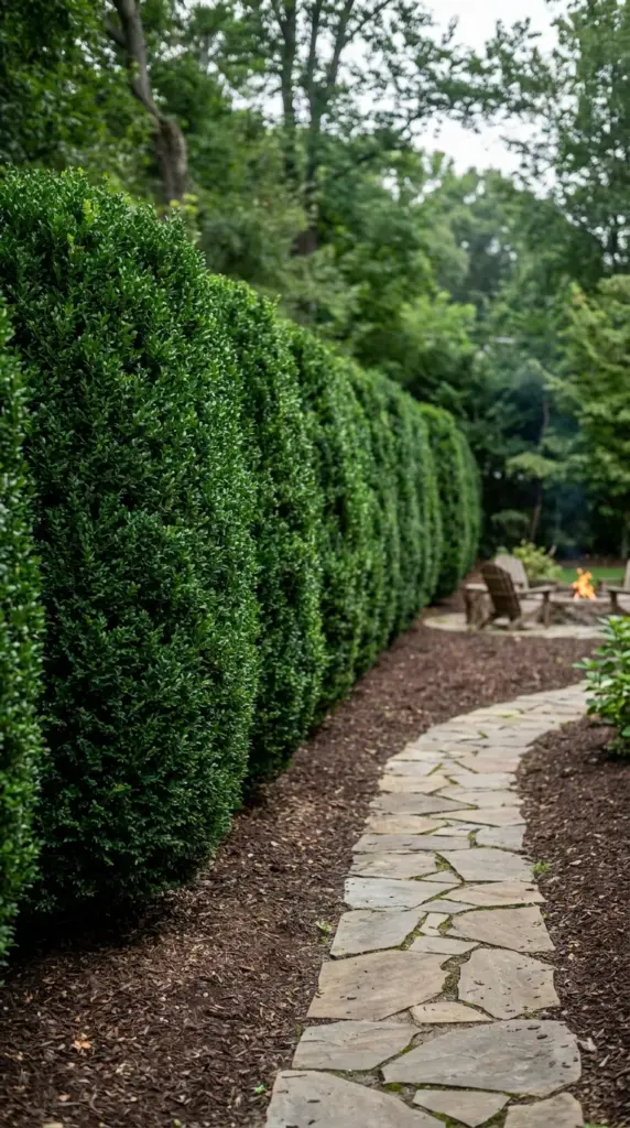 Row of fast growing Japanese Boxwood shrubs creating a living privacy screen for a backyard renovation.