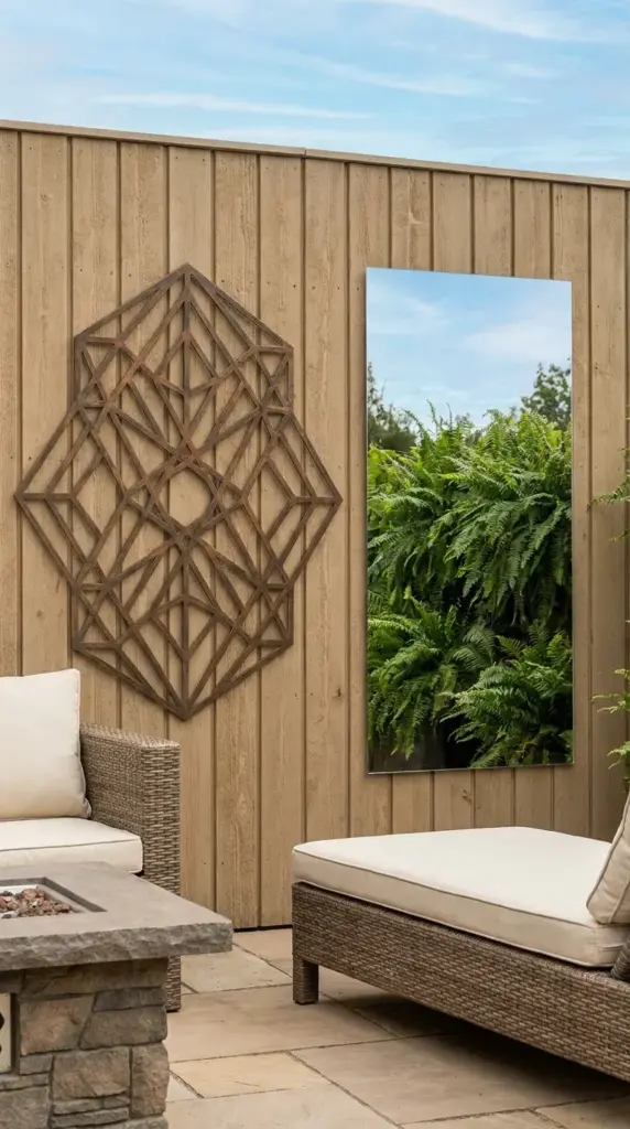 Weatherproof outdoor metal art and acrylic mirror decorating a backyard wood fence.