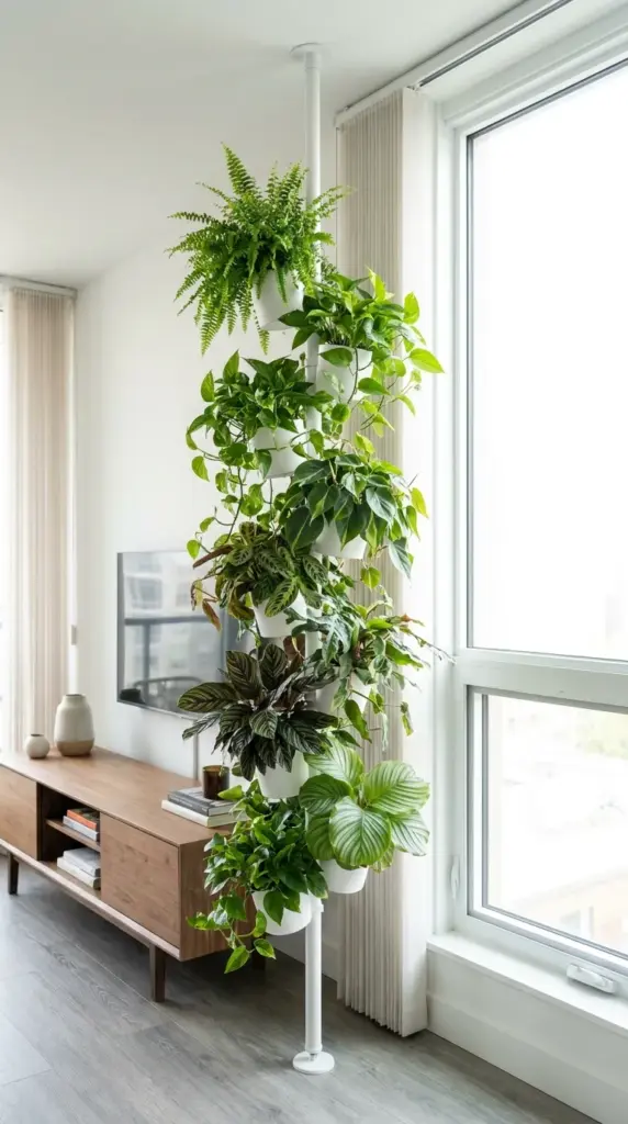 A floor-to-ceiling tension pole vertical plant stand creating a brilliant, space-saving indoor tree illusion in a small apartment living room.