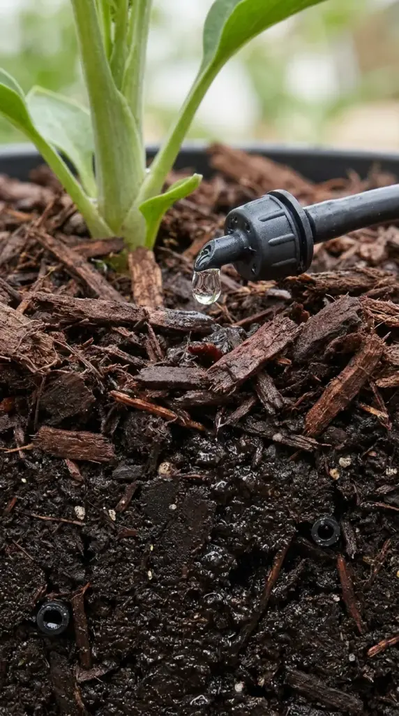 Modern drip irrigation setup with micro emitters watering rich soil covered in organic mulch.