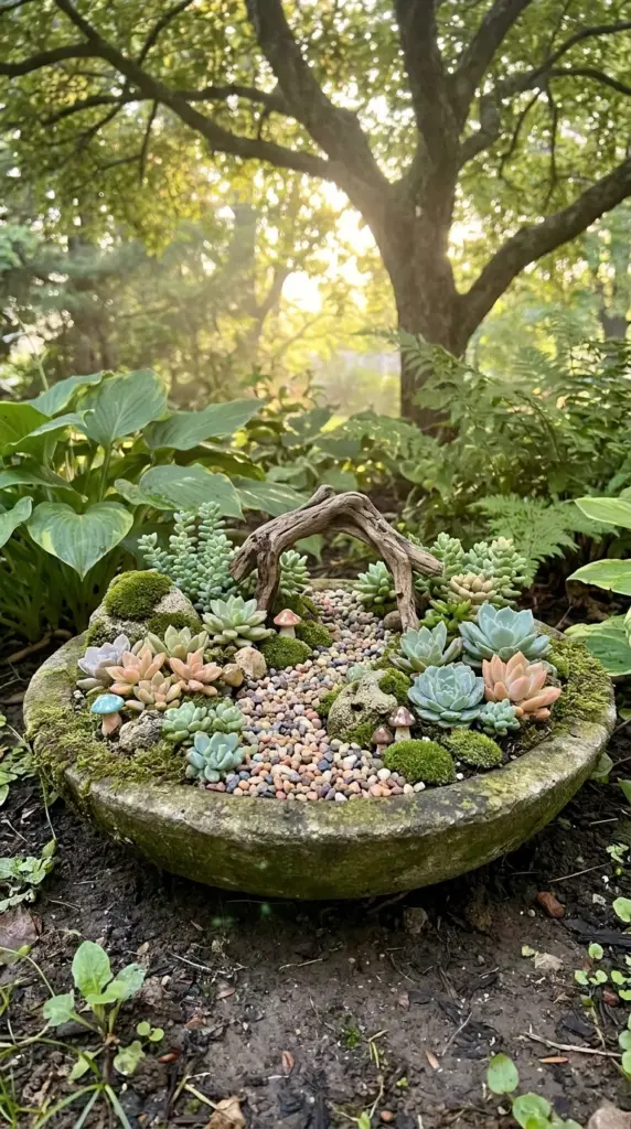 A detailed macro view of a whimsical fairy garden miniature landscape featuring dwarf succulents and a tiny path.