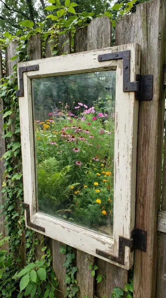A vintage thrift store mirror frame mounted on a wooden fence reflecting colorful backyard garden flowers.