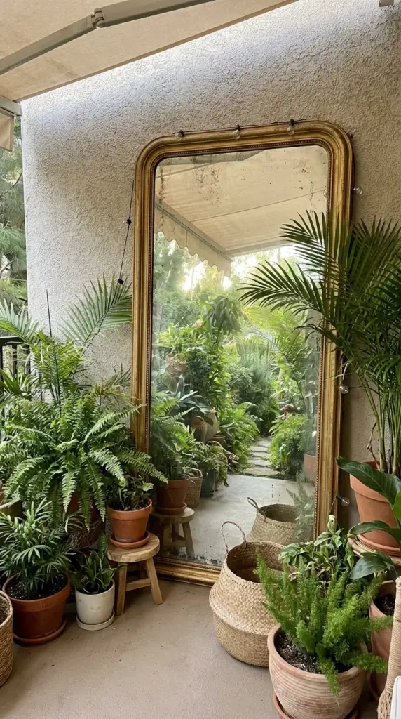 Vintage mirror placed behind potted plants on a balcony to create the illusion of a larger garden space.