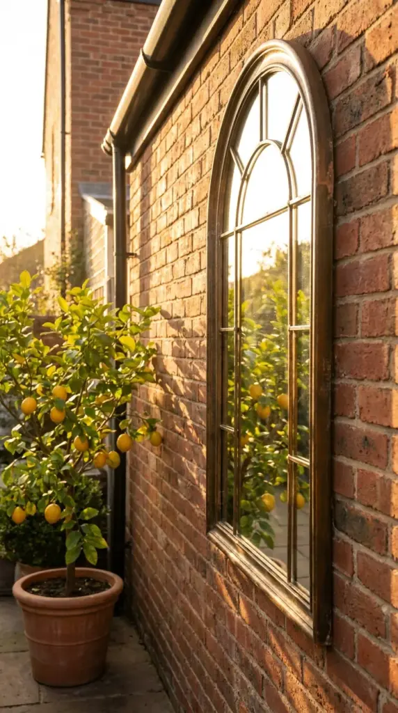 Weatherproof outdoor garden mirror hung on a brick wall reflecting lush plants to double visual space.