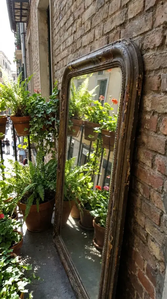 Vintage architectural mirror reflecting plants to visually double the size of a small patio.