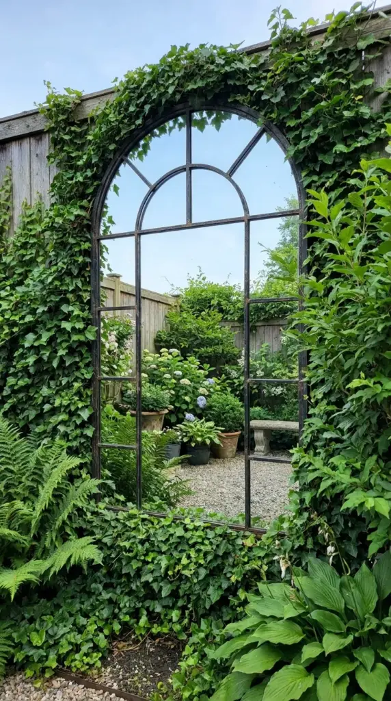 Outdoor mirrors garden setup using a vintage arched mirror on a fence surrounded by ivy to create a visual illusion of space.