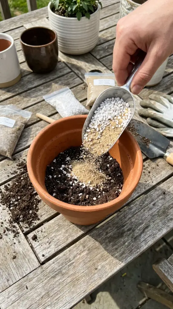 Making a custom cactus potting mix with a balanced one to one ratio of perlite for drainage and coarse sand.