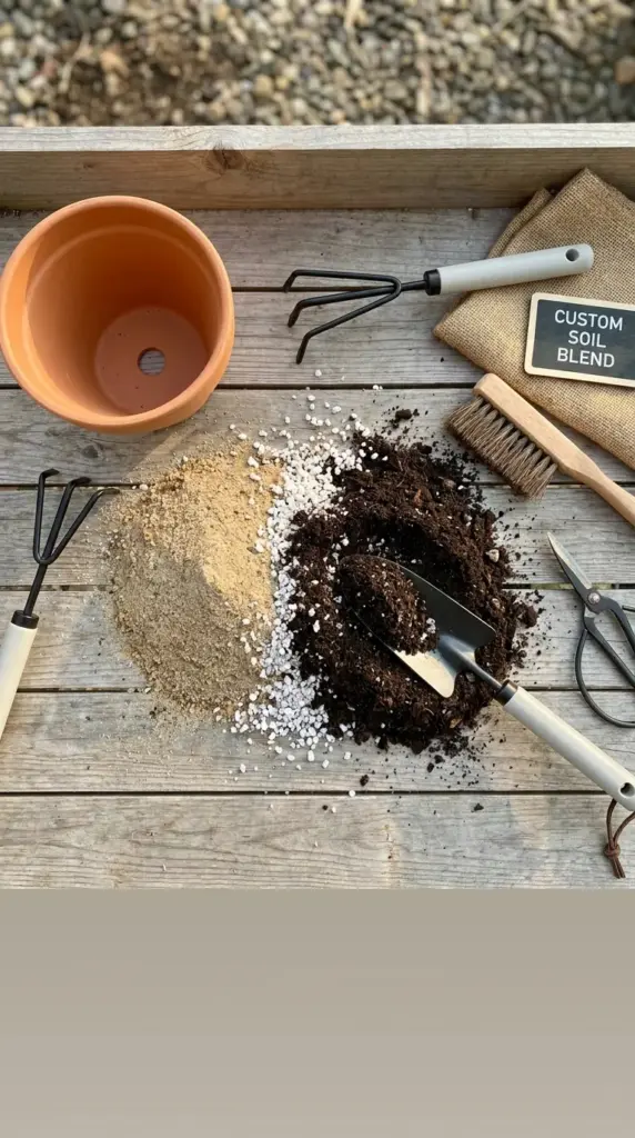 A DIY well-draining soil mix recipe with builder's sand and compost next to a classic clay terracotta pot for rosemary care.