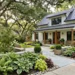 Beautifully landscaped shady front yard with low light plants and a flagstone walkway boosting curb appeal.