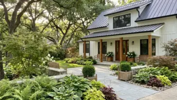 Beautifully landscaped shady front yard with low light plants and a flagstone walkway boosting curb appeal.