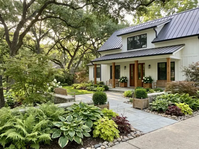 Beautifully landscaped shady front yard with low light plants and a flagstone walkway boosting curb appeal.