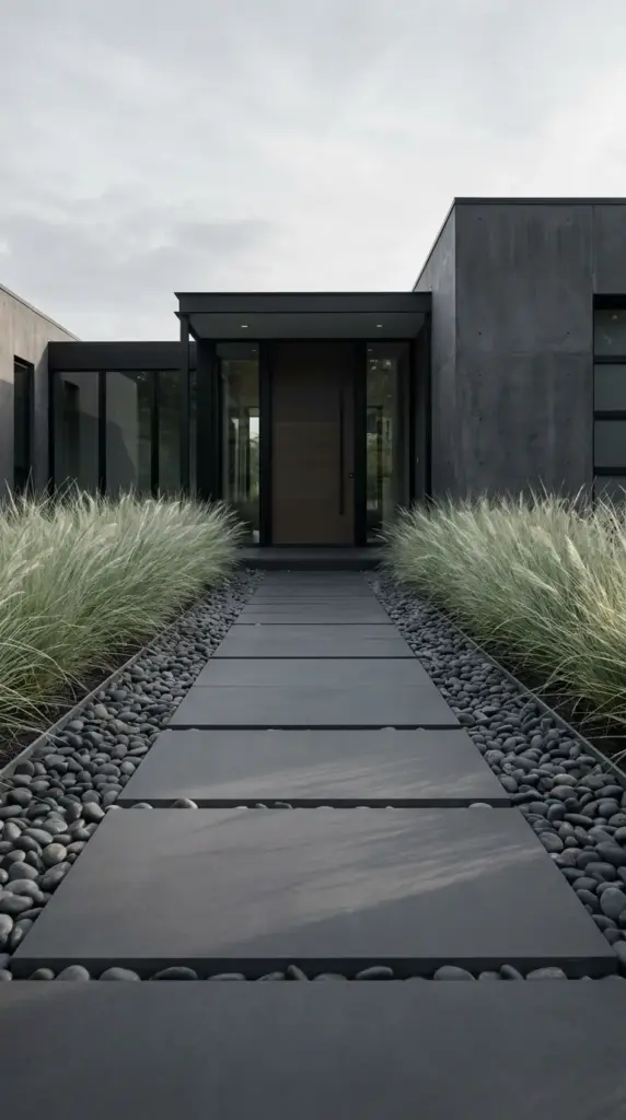 Modern monochromatic stone walkway using dark basalt rocks and silver-green ornamental grasses.
