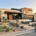 Modern home exterior featuring a beautiful xeriscape front yard layout with layered drought-tolerant plants and a decorative gravel path to double curb appeal.