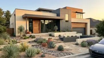 Modern home exterior featuring a beautiful xeriscape front yard layout with layered drought-tolerant plants and a decorative gravel path to double curb appeal.