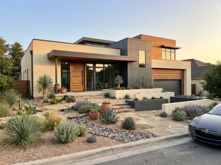 Modern home exterior featuring a beautiful xeriscape front yard layout with layered drought-tolerant plants and a decorative gravel path to double curb appeal.