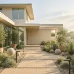 Modern drought tolerant landscape featuring minimalist garden design with low-water plants and a gravel pathway.
