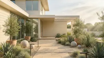 Modern drought tolerant landscape featuring minimalist garden design with low-water plants and a gravel pathway.