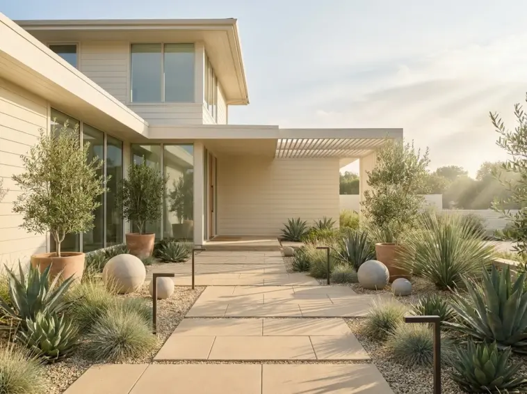 Modern drought tolerant landscape featuring minimalist garden design with low-water plants and a gravel pathway.