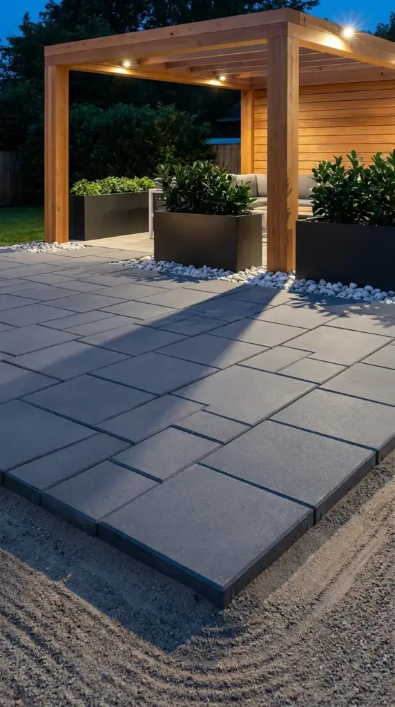 Modern interlocking paver patio installation providing a high-end concrete alternative for outdoor spaces.