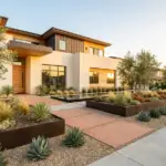 A luxurious drought-tolerant landscaped front yard with modern hardscaping and low-water plants maximizing curb appeal.