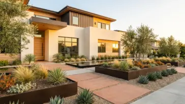A luxurious drought-tolerant landscaped front yard with modern hardscaping and low-water plants maximizing curb appeal.