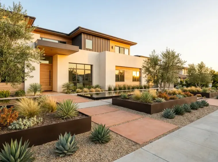 A luxurious drought-tolerant landscaped front yard with modern hardscaping and low-water plants maximizing curb appeal.