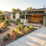Modern xeriscape front yard design featuring river rock landscaping, architectural native plants, and incredible curb appeal.