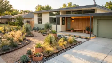 Modern xeriscape front yard design featuring river rock landscaping, architectural native plants, and incredible curb appeal.