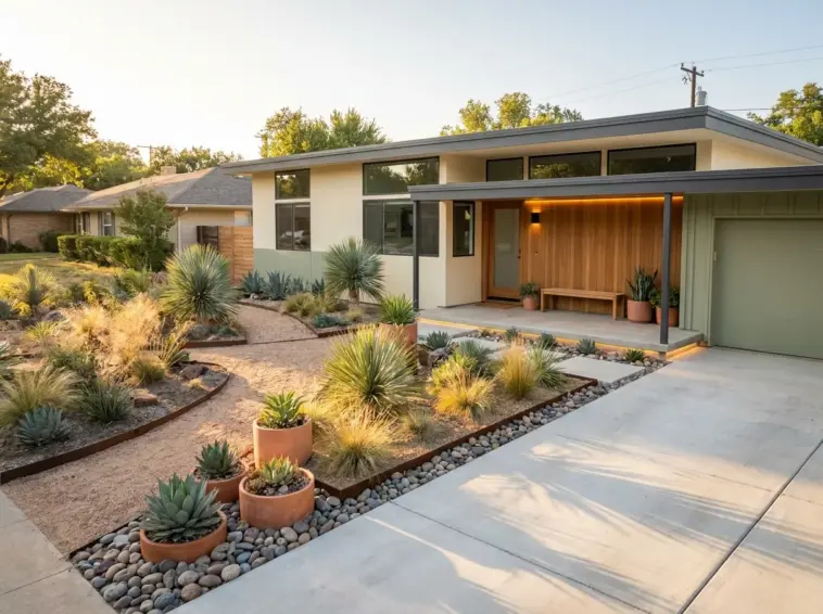 Modern xeriscape front yard design featuring river rock landscaping, architectural native plants, and incredible curb appeal.