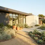 A stunning modern xeriscape front yard featuring drought-tolerant plants and clean gravel pathways under warm evening light.