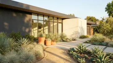 A stunning modern xeriscape front yard featuring drought-tolerant plants and clean gravel pathways under warm evening light.