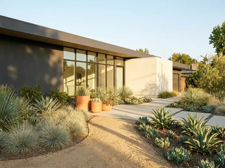 A stunning modern xeriscape front yard featuring drought-tolerant plants and clean gravel pathways under warm evening light.