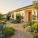 Beautiful drought tolerant landscape in a modern metropolitan front yard with a gravel pathway and native plants before the summer heat.