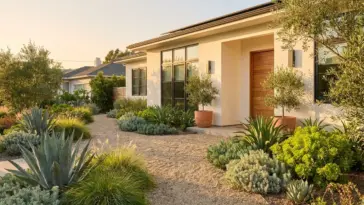 Beautiful drought tolerant landscape in a modern metropolitan front yard with a gravel pathway and native plants before the summer heat.