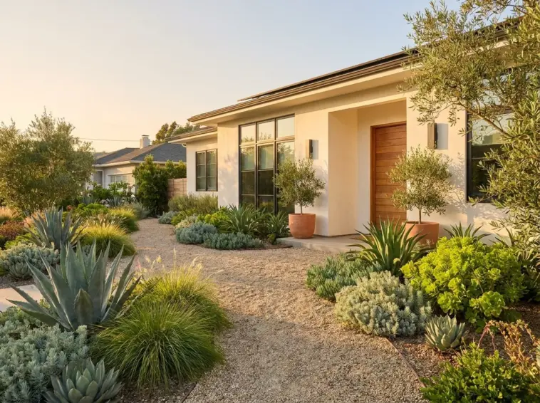 Beautiful drought tolerant landscape in a modern metropolitan front yard with a gravel pathway and native plants before the summer heat.
