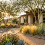 Beautiful modern xeriscaped front yard with a stone path and drought-tolerant plants.