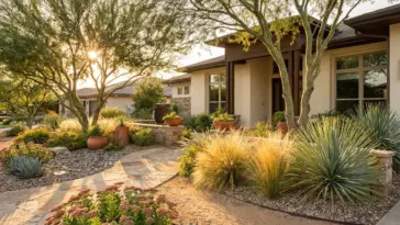 Beautiful modern xeriscaped front yard with a stone path and drought-tolerant plants.