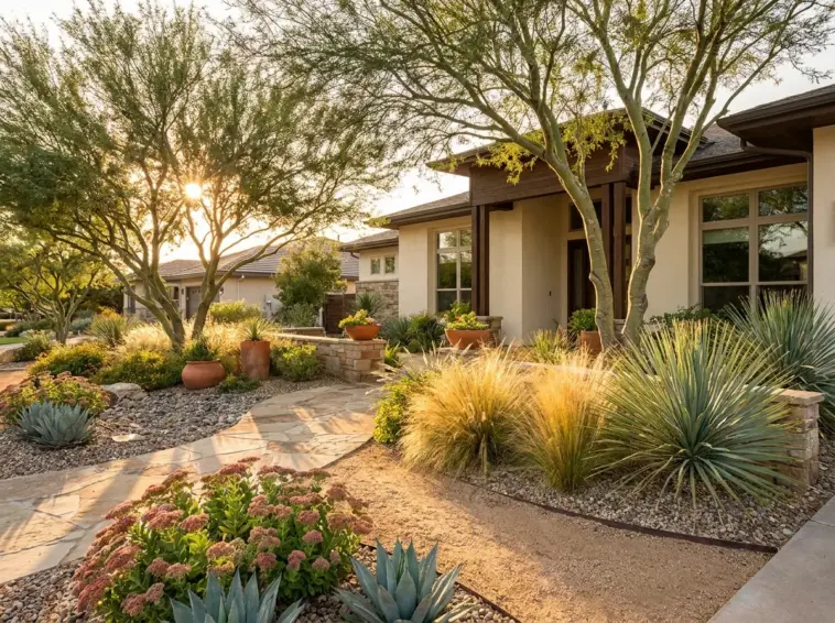 Beautiful modern xeriscaped front yard with a stone path and drought-tolerant plants.