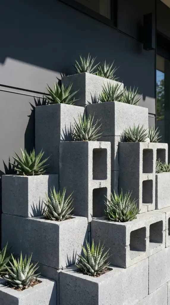 An industrial modern concrete cinder block grid planter filled with sharp, architectural outdoor succulents.