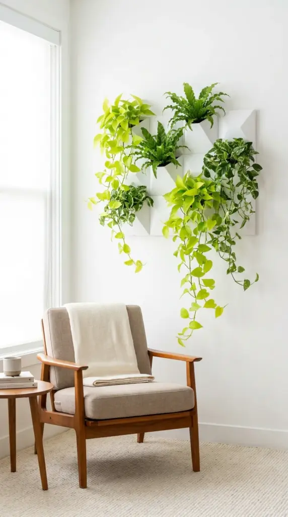 A beautiful vertical indoor garden wall planter filled with trailing pothos above a mid-century modern chair in a small apartment.