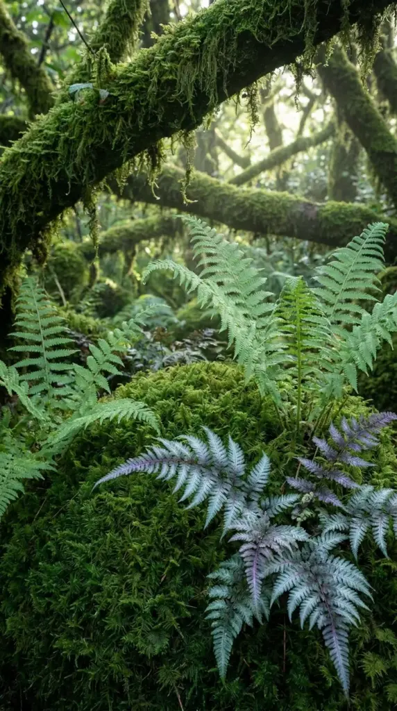 Velvet moss garden carpet with textured ferns in a deep shade front yard.