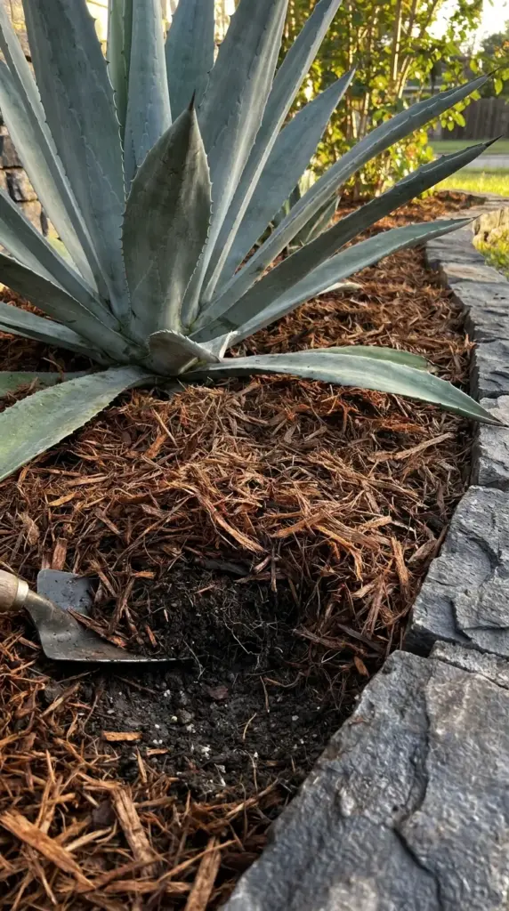A close-up of a thick layer of organic mulch types around low-water garden plants.