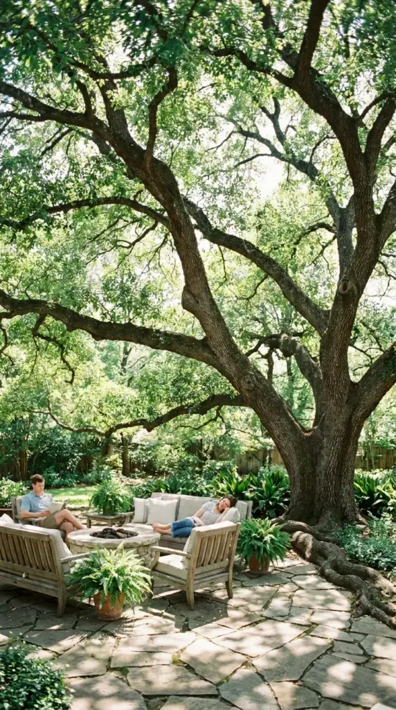 A natural tree-canopy courtyard providing organic shade for an elegant outdoor seating area.